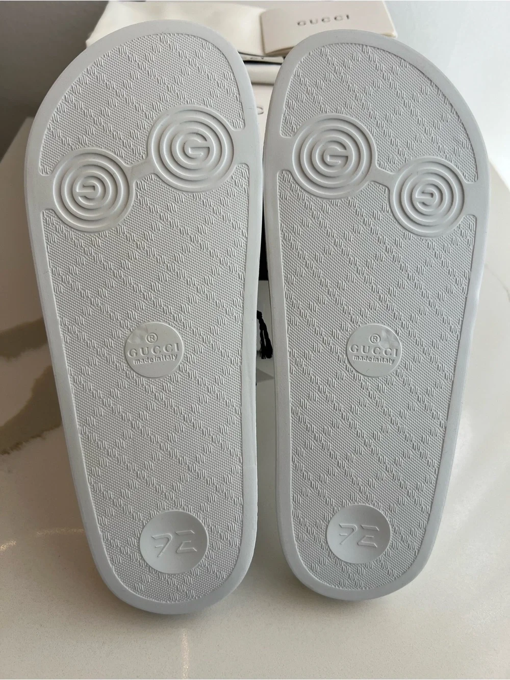Gucci White Slides with Green & Red Stripes - Luxury Designer Style